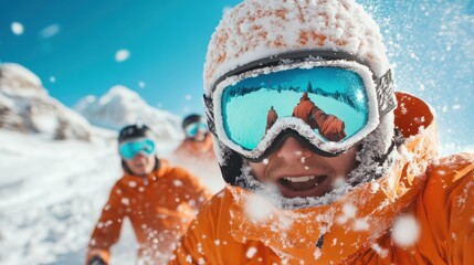 An exhilarating capture of skiers dressed in vibrant orange gear navigating through fresh snow, capturing the thrill of winter sports and outdoor adventure.