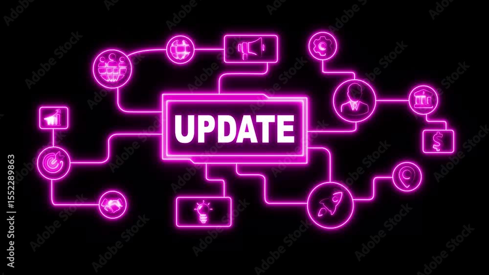 Poster glowing neon update software computer program upgrade concept animated. business, technology, intern