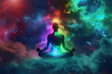 Man meditating in lotus pose with colorful space background. Meditation. Yoga. Buddhism. Guru Concept. Yoga Concept with Copy Space.