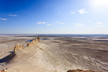 Bozzhira valley pinnacles aerial view, Mangystau region, Kazakhstan. Ak Orpa pinnacles