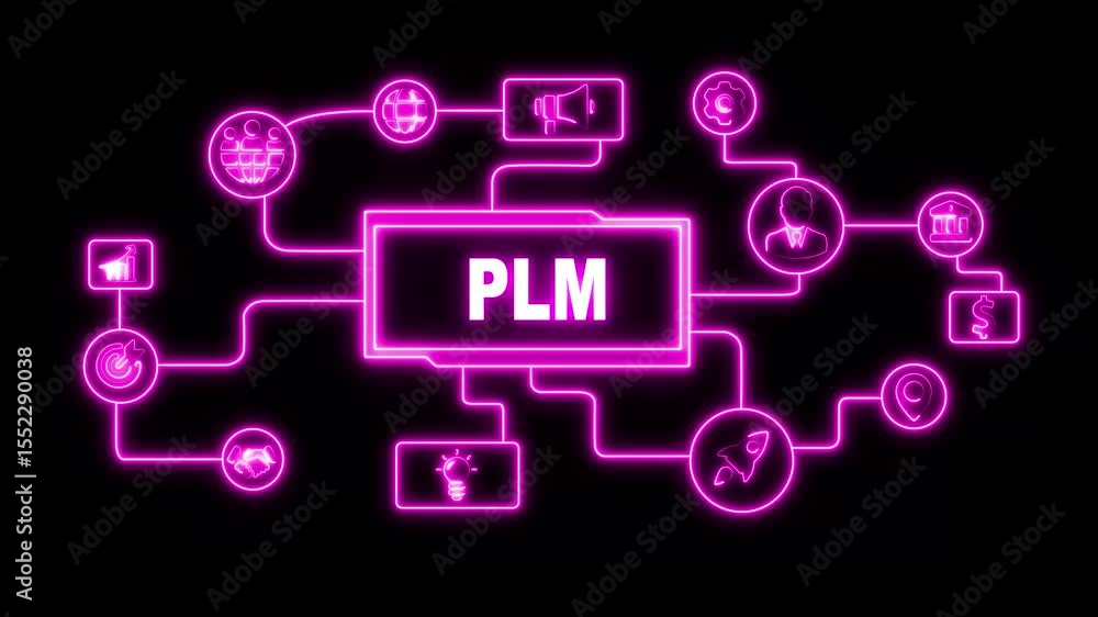 Poster glowing neon line plm product lifecycle management system technology concept. technology, internet a