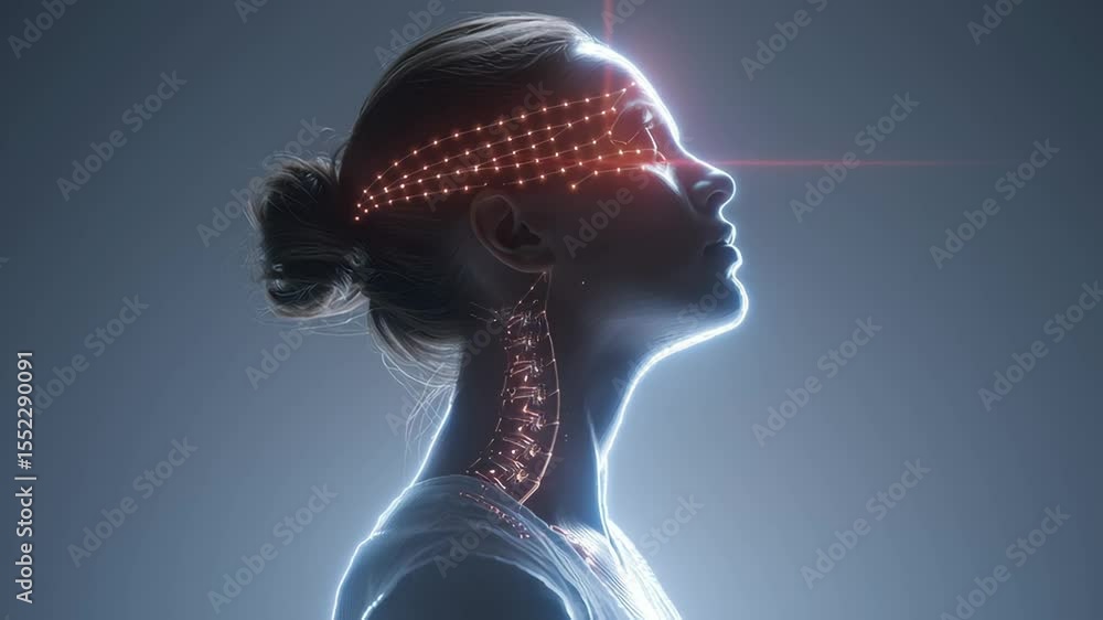 Poster neurological imaging technology visualizing brain activity through luminous orange beams scanning in