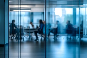 Blurred background of a bright, modern office interior with people working  