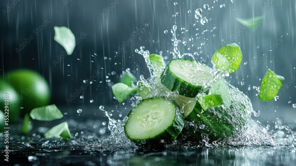 Poster dynamic imagery of fresh cucumbers being sliced, with water splashes creating a lively and refreshin