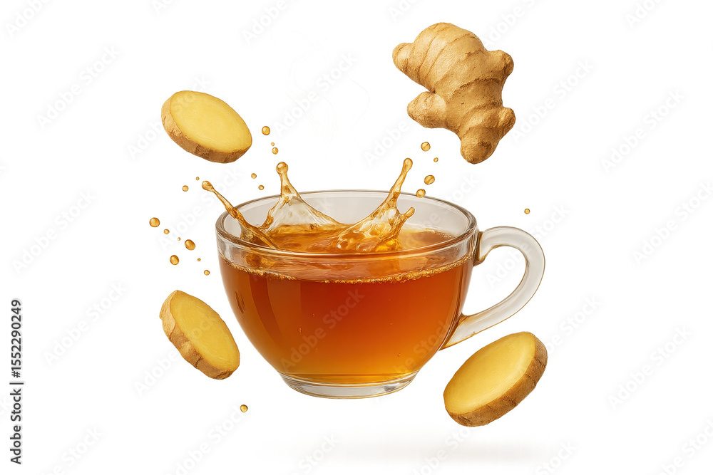 Poster refreshing ginger tea with root slices and splash isolated on transparent background