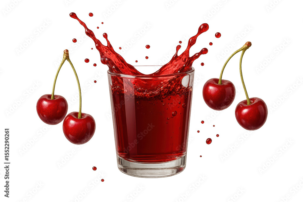 Poster refreshing cherry juice splashing in a glass with ripe cherries isolated on transparent background
