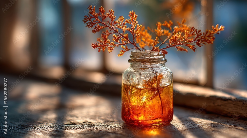 Poster Sunlight Streams Through Window onto Wall, Casting Shadow of Evergreen Branch in Glass Jar Next to Yellow Cloth
