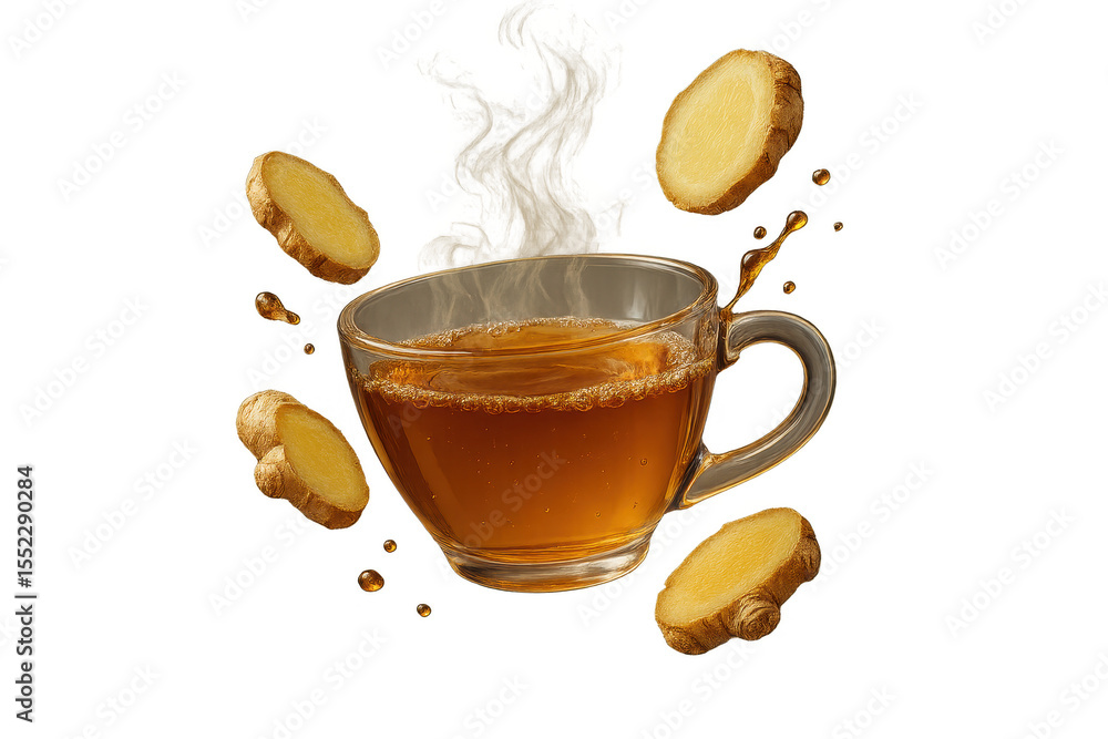 Poster steaming hot ginger tea with floating slices isolated on transparent background