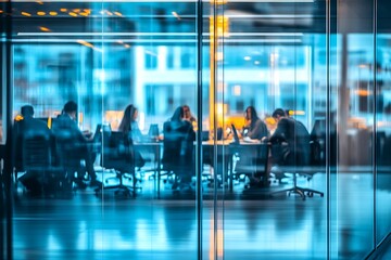 Blurred background of a bright, modern office interior with people working  