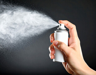 Close up em uma m&atilde;o apertando o gatilho de um desodorante com embalagem branca, sem r&oacute;tulo, sem texto. Mockup. Com fundo preto.