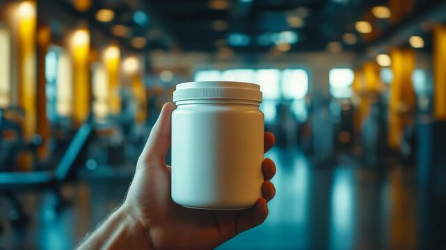 Hand holding a plain white supplement jar in a gym setting, with a blurred background of fitness equipment and warm lighting for health concept