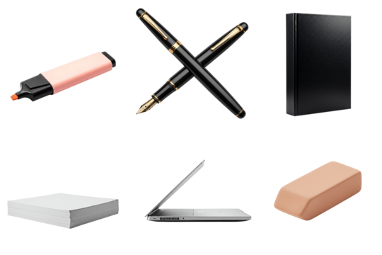 Set of school stationery on transparent background with pens, notebook  