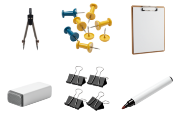 A collection of school supplies on a transparent background