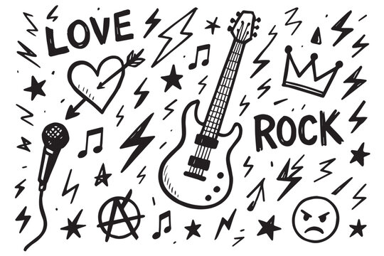 Creative doodles representing rock and roll, teen angst, guitars, music notes, and rebellious symbols like lightning bolts and skulls, graphics icon set