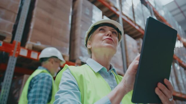 Confident female supervisor in hard hat and reflective vest using digital tablet device while inspecting inventory in warehouse. Looking up attentively at stacked pallets in tall storage racks.