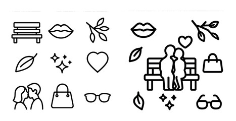 Collection of icons for a park scene, including a bench, a couple, a purse, a pair of glasses, a leaf, a heart, and a pair of lips