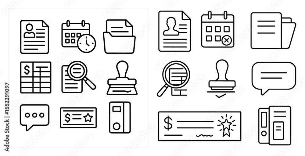 Aufkleber set of icons for a calendar, checkbook, and other financial documents. the icons are simple and clea