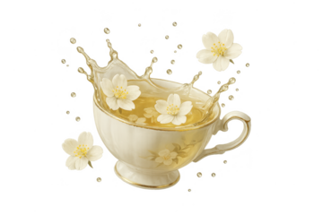 Dynamic jasmine tea splash with white flowers in a cup, isolated on transparent background.