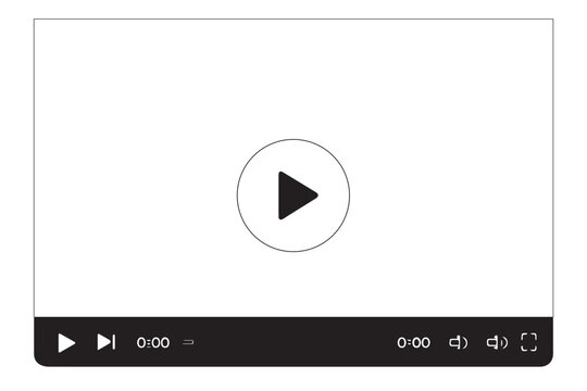 video player interface with play button, timeline, sound control, and fullscreen option, graphics icon set