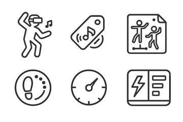 Fototapeta premium Home VR Dance Icons. Line style icons of AR and VR at home: dance with VR, rhythm movement tag, choreography guide chart, pose