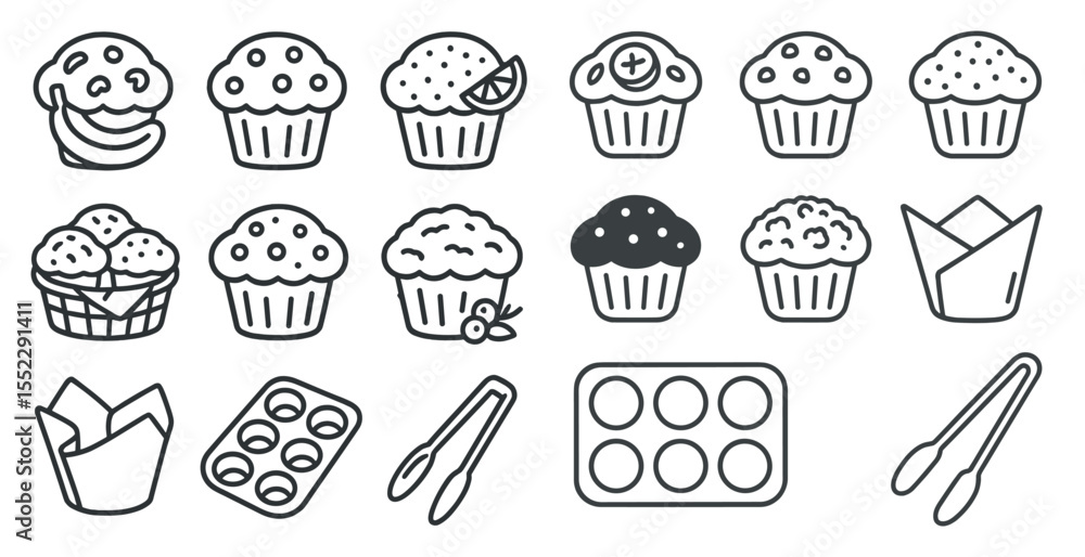 Poster set of muffins and cupcakes are shown in a black and white style. the muffins are in various shapes 