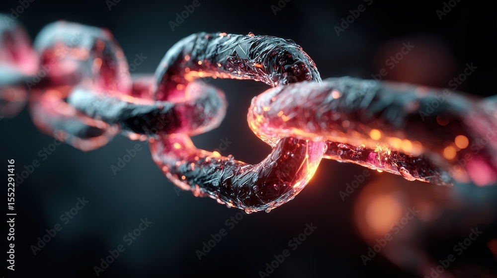 Poster abstract red and orange molecular structure on dark background connecting nodes representing science