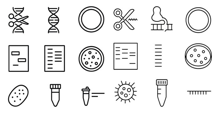 Collection of medical symbols and icons. The icons include a pair of scissors, a pair of scissors with a red handle, a pair of scissors with a black handle, a pair of scissors with a blue handle