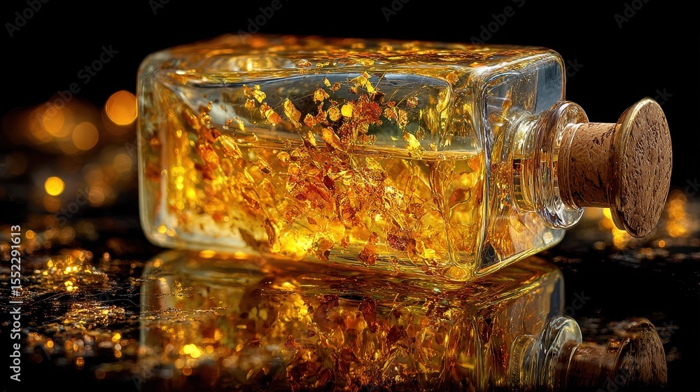 Poster Glittering Elixir In glass bottle with Cork stopper On a dark, Textured Surface with shimmering particles and a blurred background creating a magical ambiance