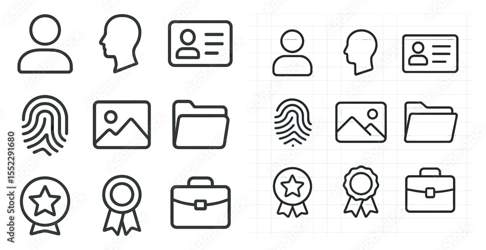 Poster set of icons for a computer program. the icons include a person, a passport, a folder, a star, a sui