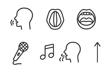 Voice Instrument Icons. Line style icons of voice instruments: human voice, vocal cords, singing icon, mouth open. vocal mic,