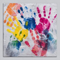 Colorful handprints of children painted on white textured background