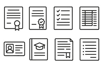 Academic Icons Set. Line style icons of academic documents: diploma, certificate, report card, transcript. student ID, graduation