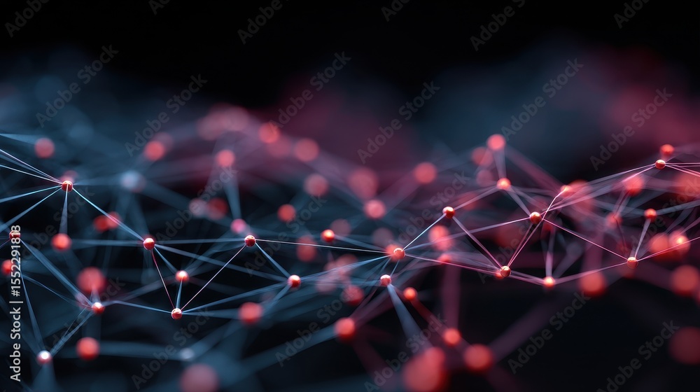 Poster abstract red and orange molecular structure on dark background connecting nodes representing science