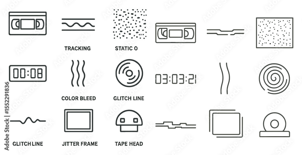 Poster set of icons for a video game. the icons include a clock, a video tape, a joystick, a controller, a 