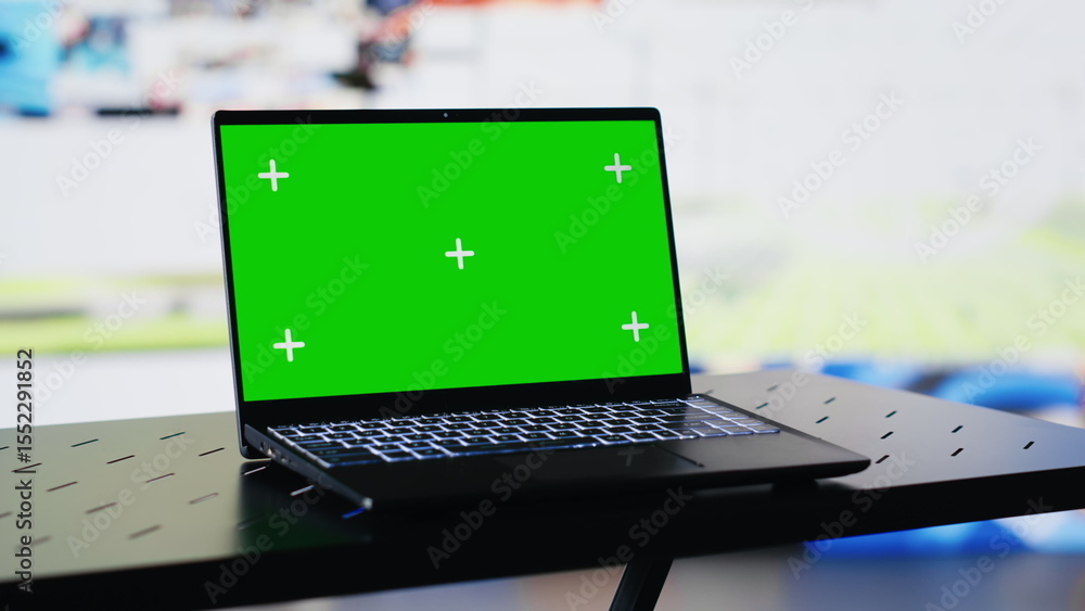 Poster laptop shows green screen mockup next to modern web design social network platforms, visual represen