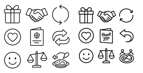 Set of icons that include a smiling face, a heart, a thank you sign, a gift, a handshake, a book, a clock, a scale, a bowl, a fork, a knife, and a spoon