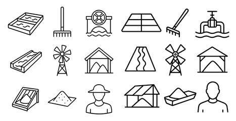 Series of icons depicting various farm tools and equipment. The icons include a rake, a shovel, a wheelbarrow, a tractor, and a windmill. Scene is one of hard work and manual labor