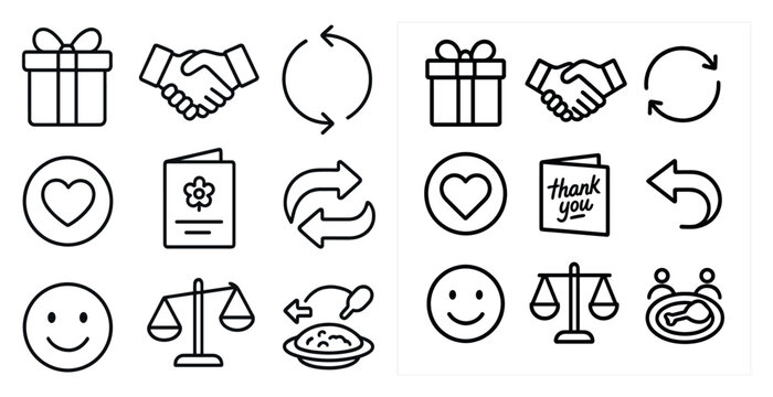 Set of icons that include a smiling face, a heart, a thank you sign, a gift, a handshake, a book, a clock, a scale, a bowl, a fork, a knife, and a spoon
