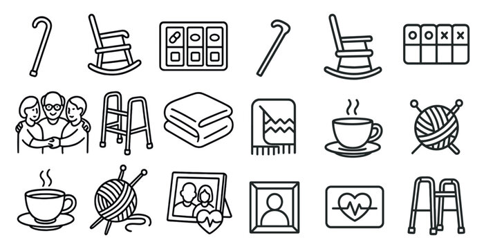 Collection of items that are related to the elderly. The items include a rocking chair, a cane, a blanket, a cup, a knitting needle, a picture frame, and a wheelchair