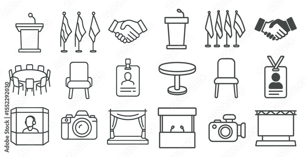 Poster set of icons for various objects, including a microphone, podium, and chairs. the icons are arranged