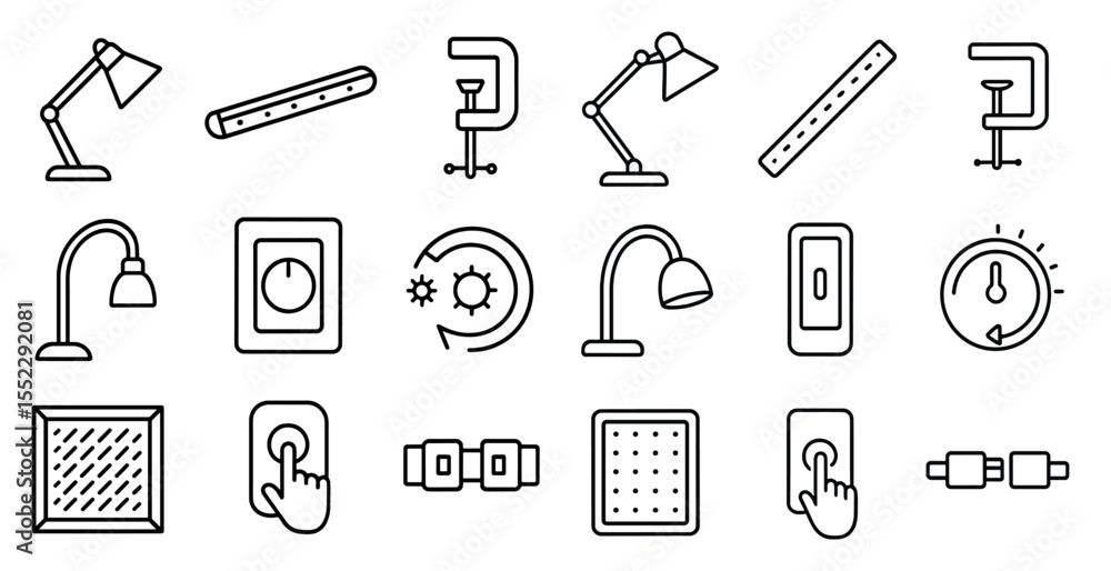 Poster collection of various objects and symbols, including a clock, a light switch, and a ruler