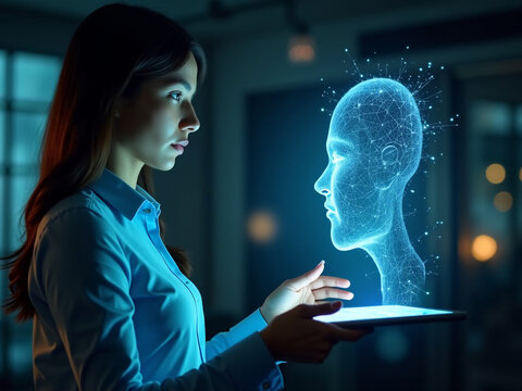 Businesswoman interacting with holographic face on digital tablet  
