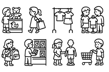 Kids Shopping Icons. Line style icons of kids shopping: toy section, colorful bag, kids clothes, child mannequin. school backpack,