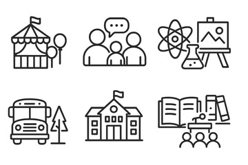 School Event Icons. Line style icons of school events: school fair, parent meeting, science day, art contest. field trip, open day