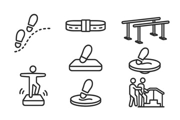 Gait and Balance Icons. Line style icons of gait and balance: walking path, gait belt, parallel bars, step training. balance pad,