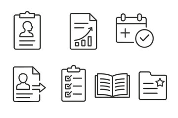 Rehab Document Icons. Line style icons of rehab documentation: patient chart, progress form, treatment log, follow-up icon.