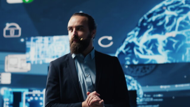 IT engineer hosting public speaking event to present new AI tech tools, showcasing neural networks brain system for automation. Businessman speaker gives pitch for deep learning. Camera A. - Powered by Adobe