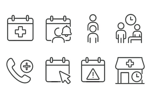Medical Icons Set. Line style icons of medical appointments: calendar icon, appointment reminder, patient queue, waiting room.