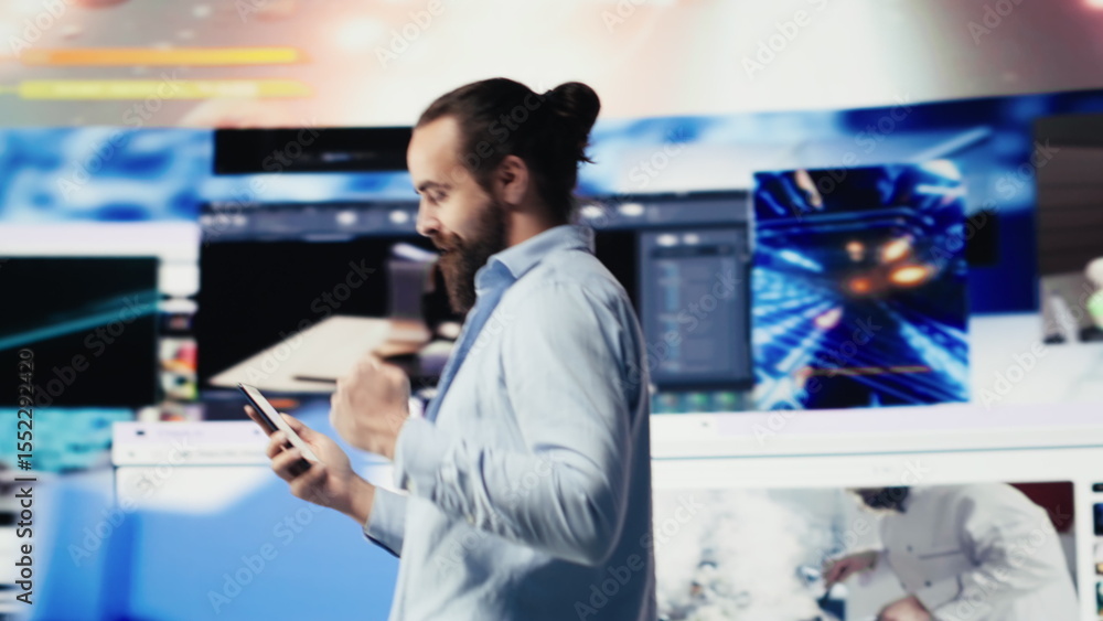 Poster e commerce expert connecting on social media web platforms, networking creativity and online engagem