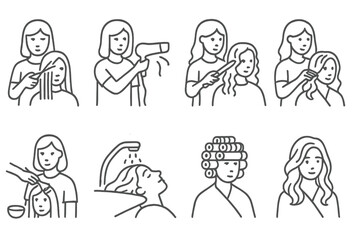 Hair Salon Procedures Icons. Line style icons of hair salon procedures: cutting hair, blow drying, curling session, styling phase.